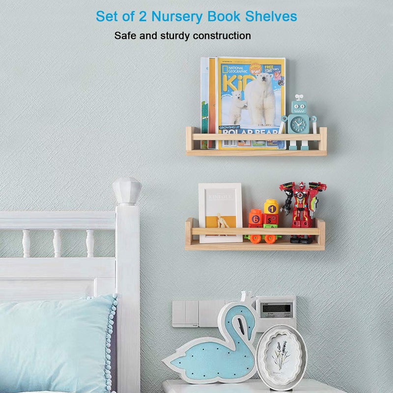 JORIKCHUO Nursery Book Shelves, Set of 2 Wood Floating Book Shelves for Kids Room, Kitchen Spice Rack, or Rustic Wall Mounted Shelves for Farmhouse Bathroom DÃ©cor (Natural Wood) - Image 3